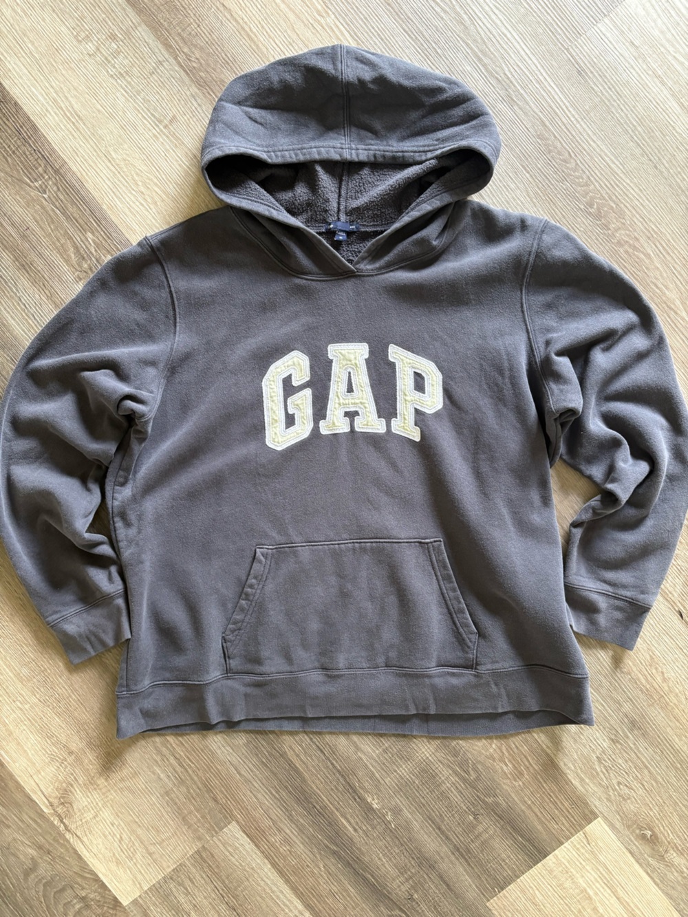 GAP Big Logo Spellout Hoodie Sweatshirt Faded Charcoal Gray Pullover XL